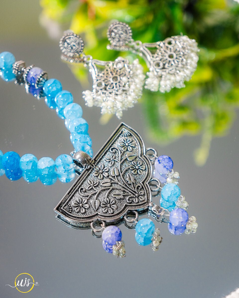 Blue Beaded Oxidized Necklace Set - shop_name