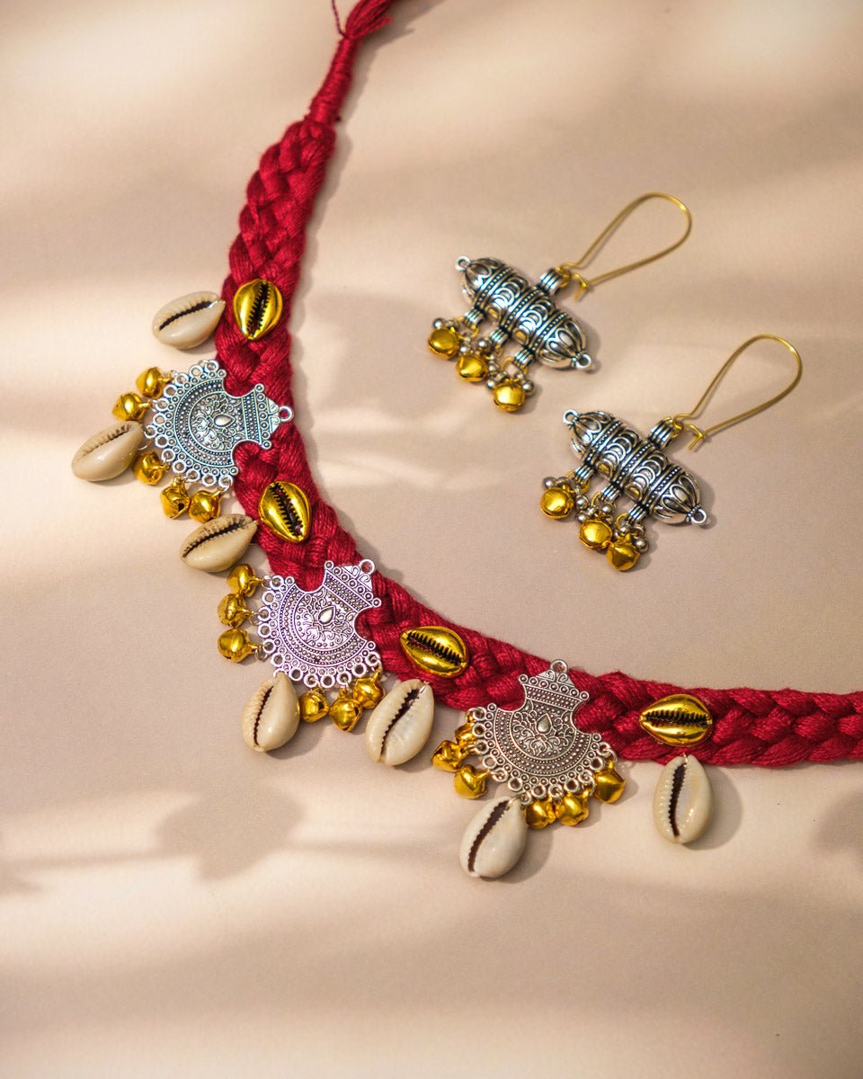 Fabric Cowrie Shell Oxidised Choker Set - shop_name