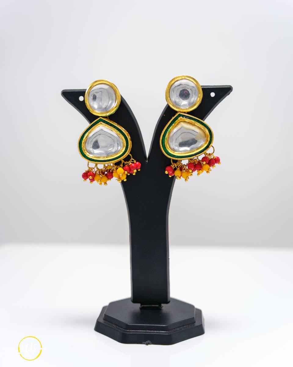 Kundan Polki Drop Earrings Red Yellow Beads - shop_name