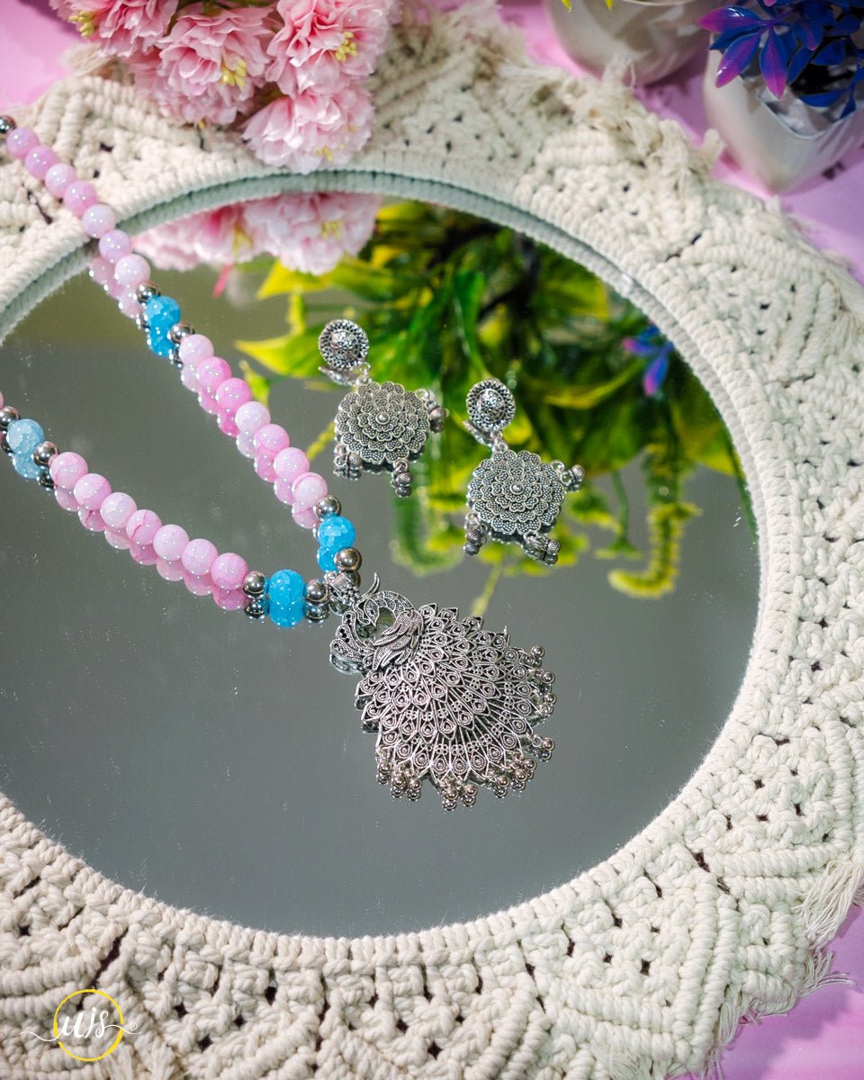 Pink Blue Beaded Oxidized Necklace Set - shop_name