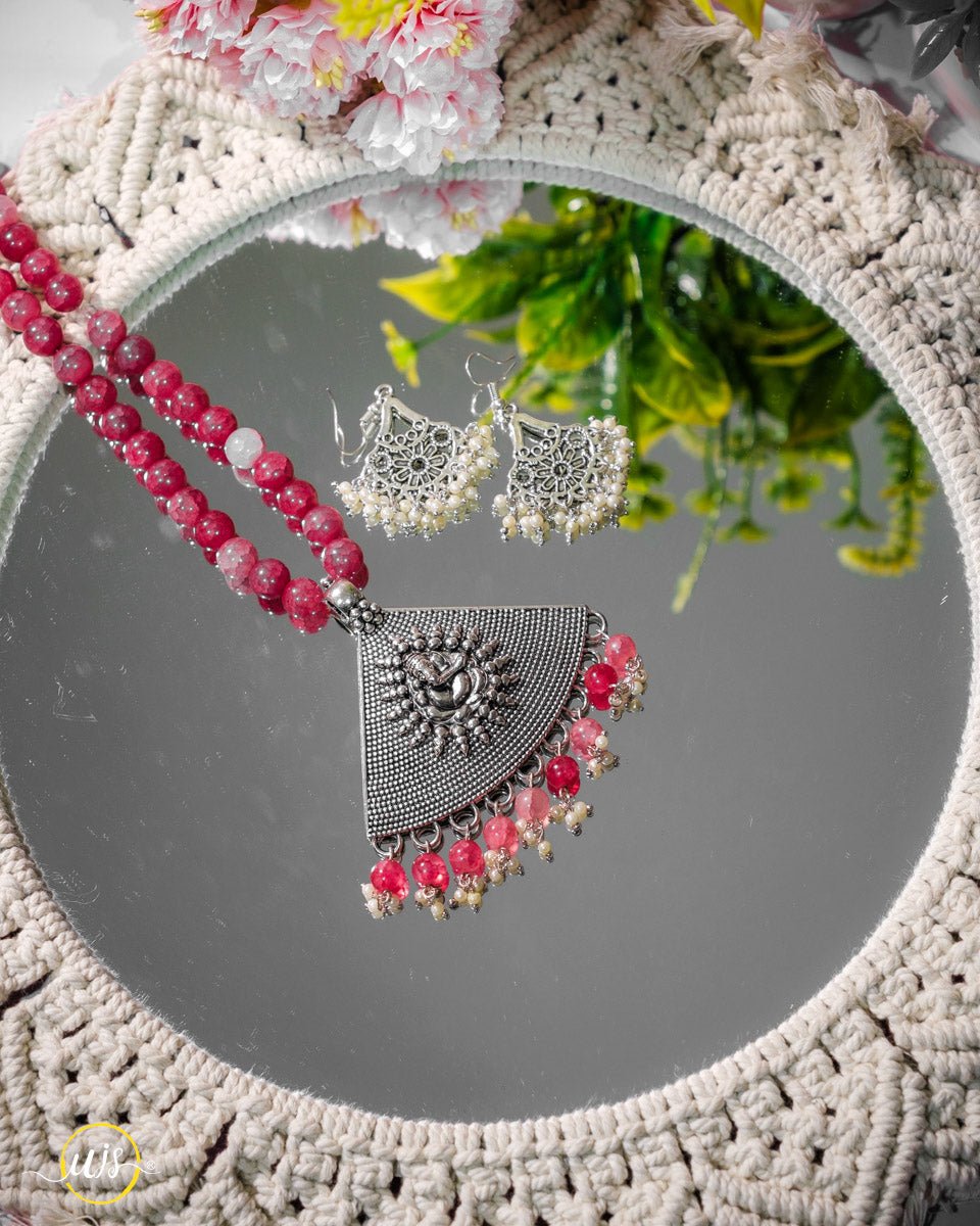 Red Beaded Oxidized Necklace Set - shop_name