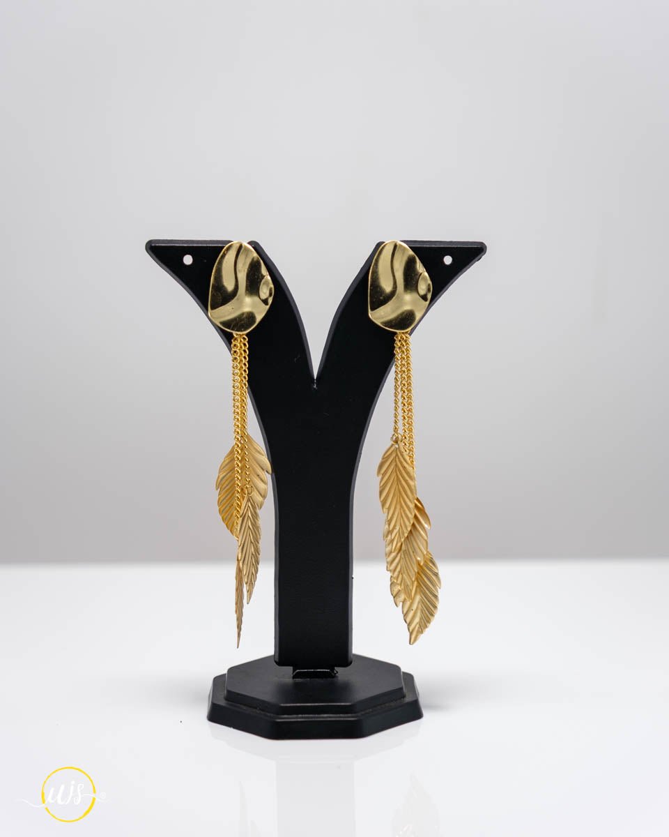 Abstract Stud Long Gold Feather Dangler Earrings - shop_name 
