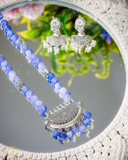 Blue Beaded Antique Silver Oxide Necklace Set - shop_name