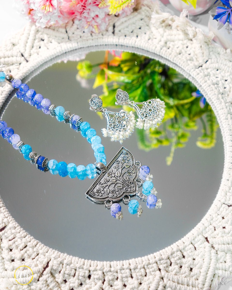 Blue Beaded Oxidized Necklace Set - shop_name