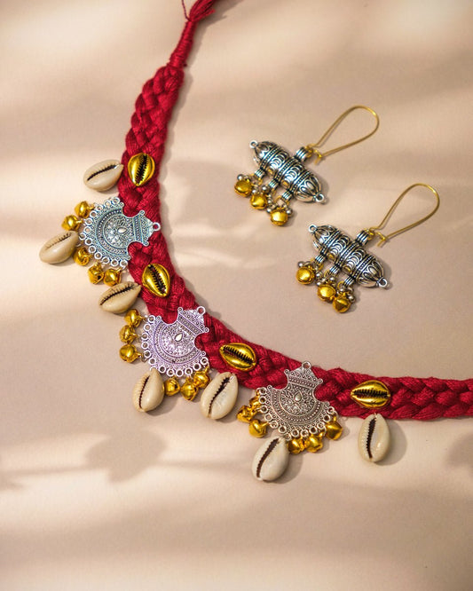 Fabric Cowrie Shell Oxidised Choker Set - shop_name