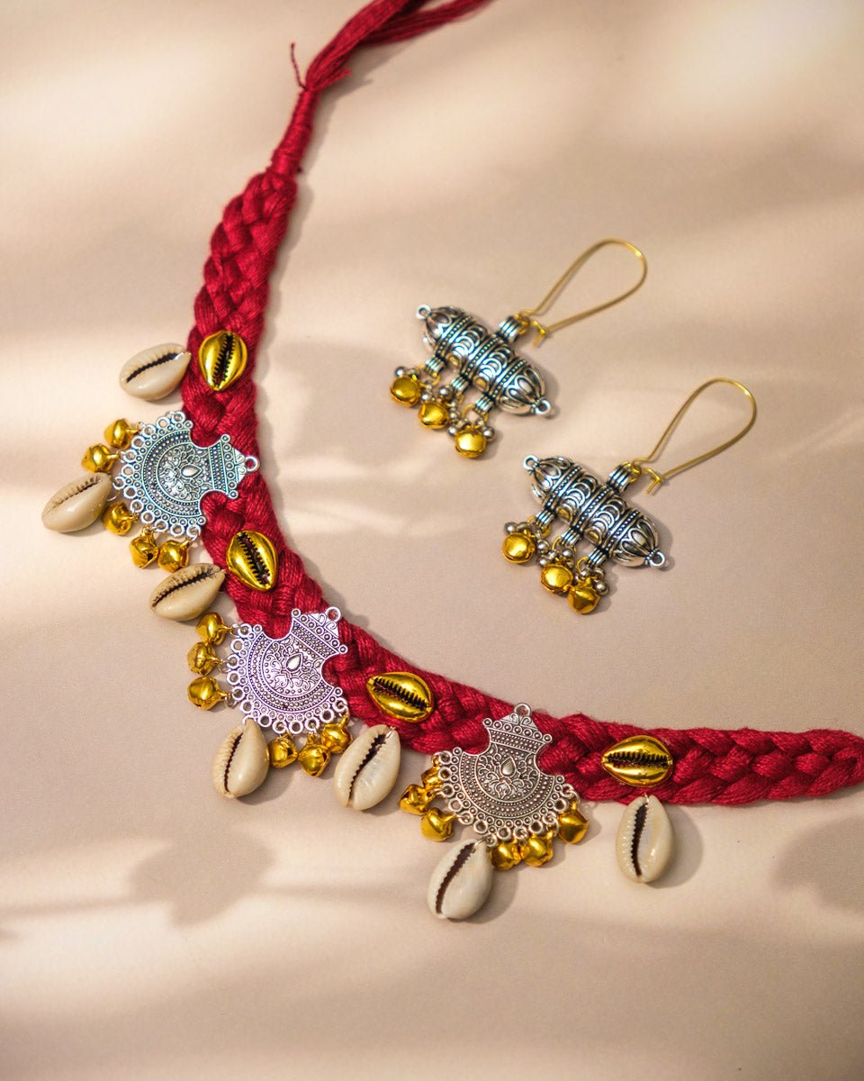 Fabric Cowrie Shell Oxidised Choker Set - shop_name