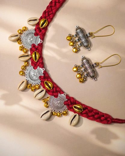 Fabric Cowrie Shell Oxidised Choker Set - shop_name