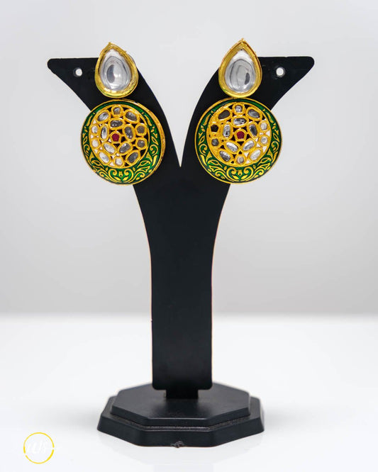 Green Enamel Kundan Stud Earrings - shop_name 