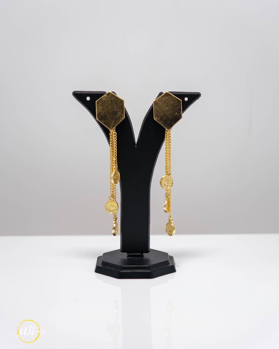 Hexagon Stud Gold Coin Chain Drop Earrings - shop_name 