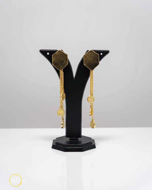 Hexagon Stud Gold Coin Chain Drop Earrings - shop_name 