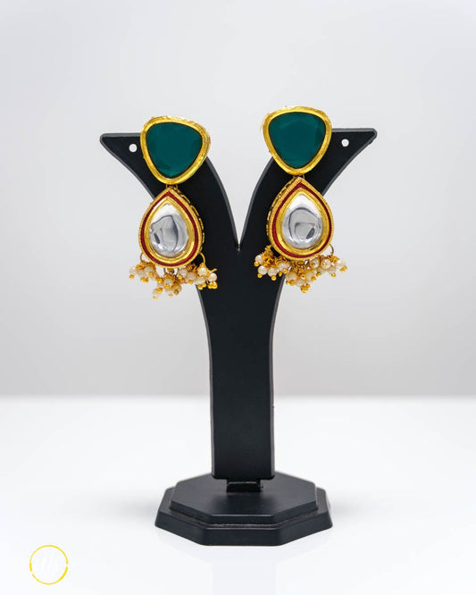 Kundan Polki Green Stud Drop Earrings - shop_name 