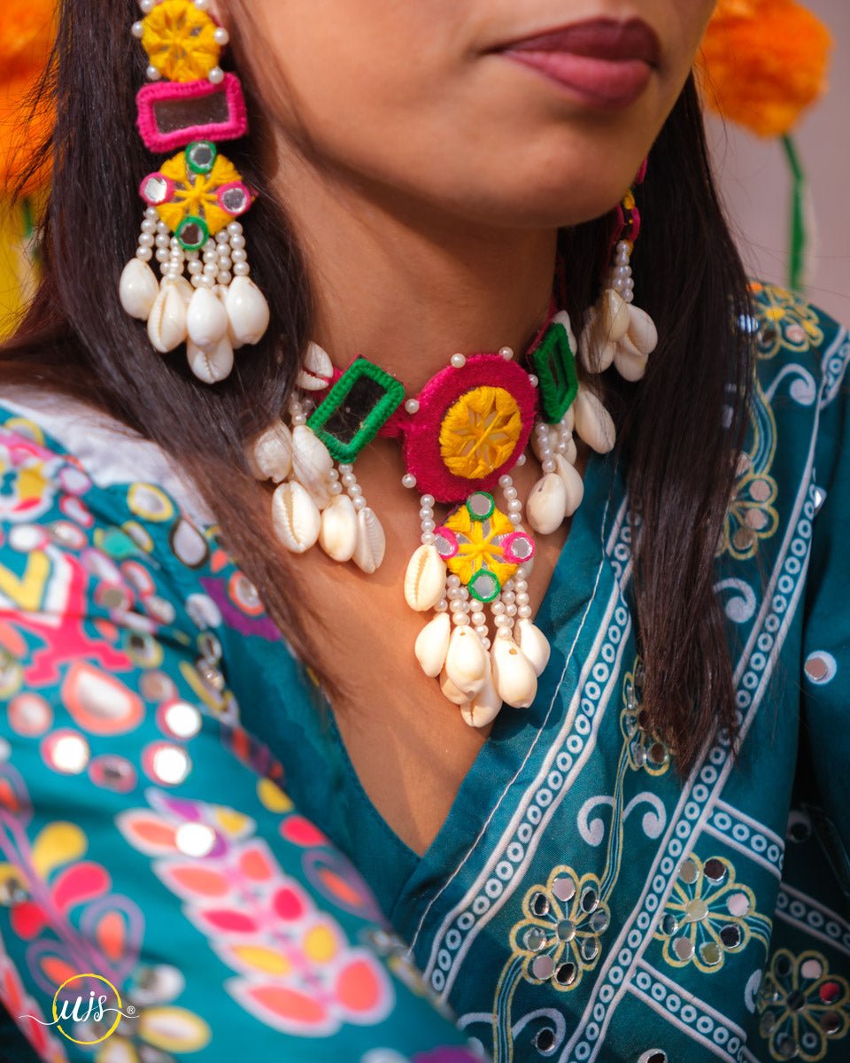 Multi Colour Mirror Work With Cowrie Shell Jewellary Set - shop_name 