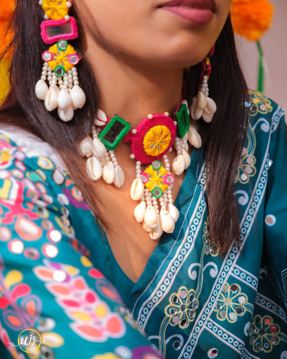 Multi Colour Mirror Work With Cowrie Shell Jewellary Set - shop_name 