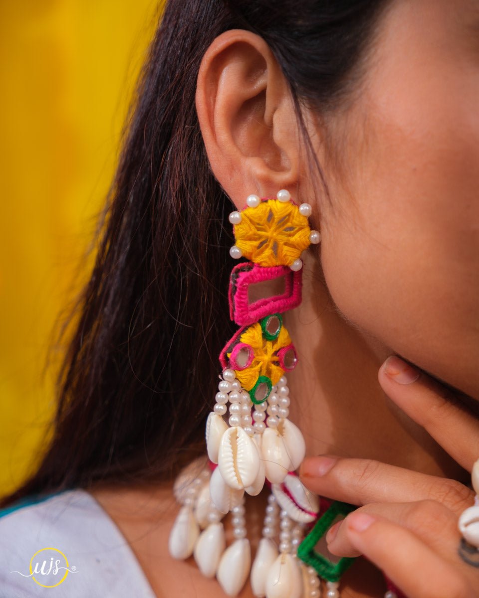 Multi Colour Mirror Work With Cowrie Shell Jewellary Set - shop_name 