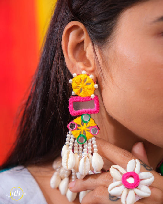 Multi Colour Mirror Work With Cowrie Shell Jewellary Set - shop_name 