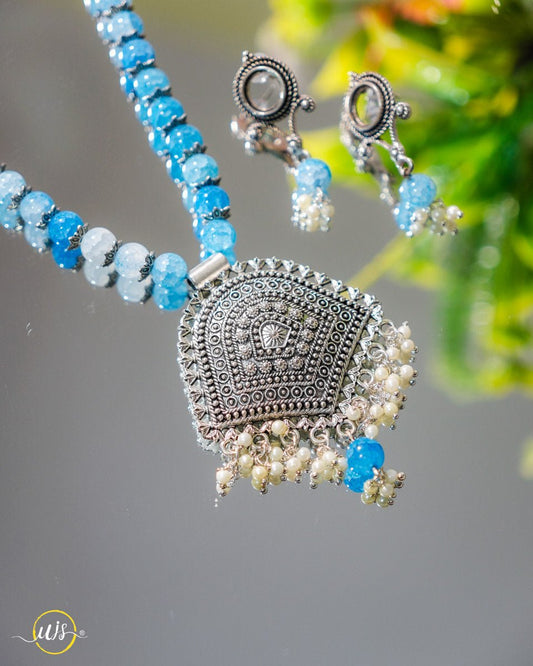 Oxidized Silver Blue Beads Necklace Set - shop_name