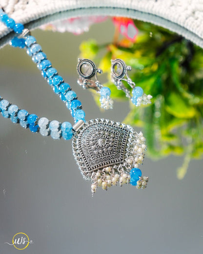 Oxidized Silver Blue Beads Necklace Set - shop_name