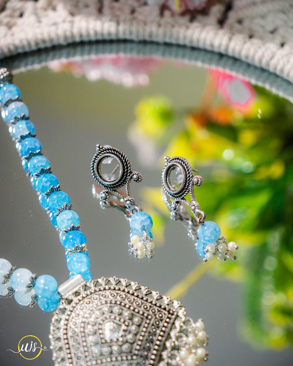 Oxidized Silver Blue Beads Necklace Set - shop_name