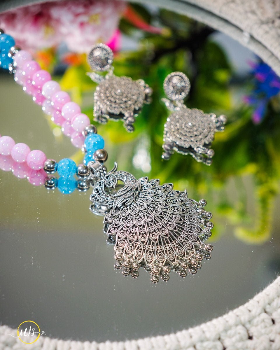 Pink Blue Beaded Oxidized Necklace Set - shop_name